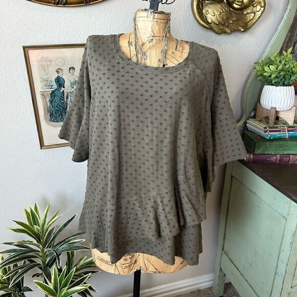 Fever Boutique Army Green Raised Polka Dot Ruffle Crew Neck Blouse Plus Sz 3X - Picture 1 of 8